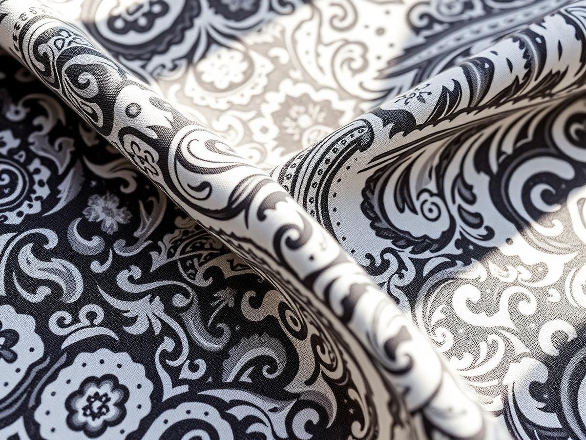 Close-up of a digitally printed paisley design on cotton fabric