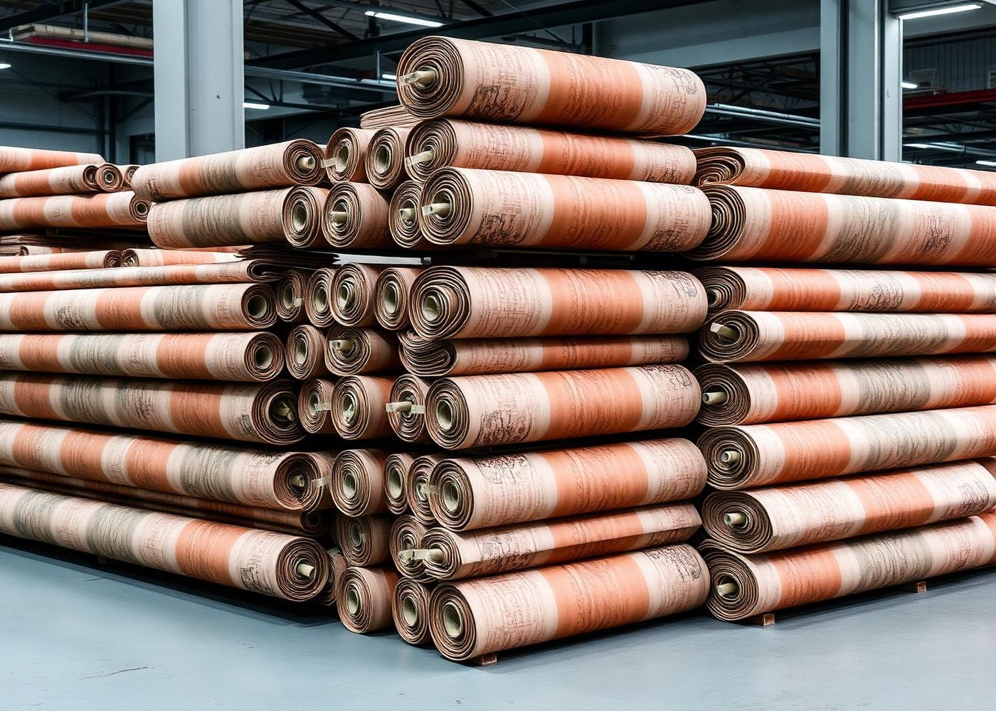 Rolls of digitally printed fabric stacked in a textile factory