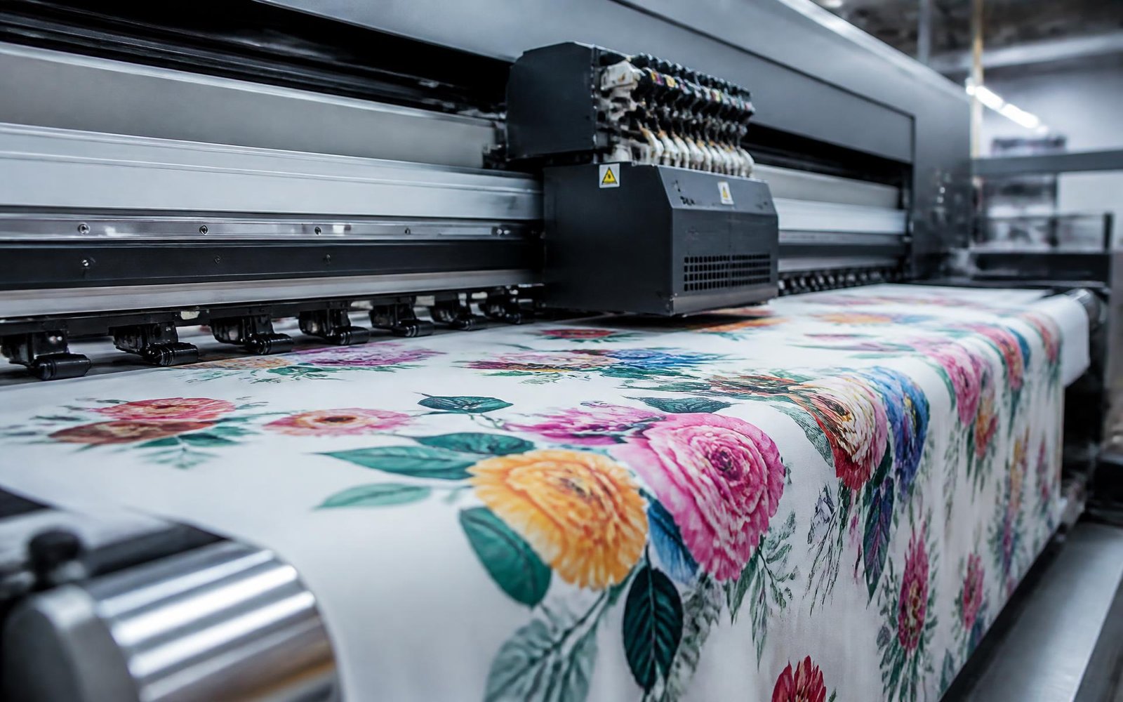 Digital textile printing machine printing a floral design onto cotton fabric